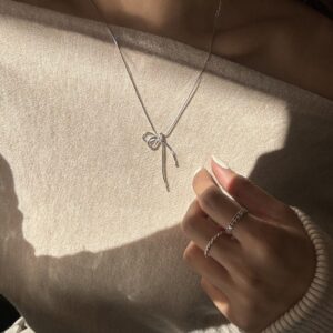 [925silver] 🇰🇷連線款 Half Ribbon Necklace 大推質感🎀：圖片 2